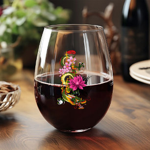 Verre À Vin Sans Pied Dragon Chinois Fleurs de Cerisier Lotus