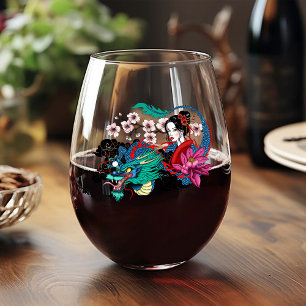 Verre À Vin Sans Pied Dragon Géisha Asiatique Cerisiers Bleu