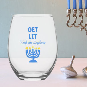 Verre À Vin Sans Pied Drôle "Get Lit" Chic Personnalisé Menorah Hanoukka