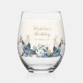 Verre À Vin Sans Pied Dusty Blue Blanc Floral Nom de l'anniversaire (Verso)