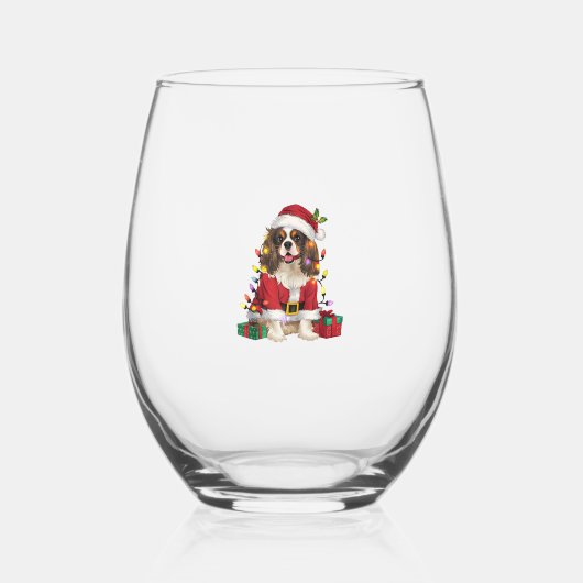 Verre À Vin Sans Pied Éclairage de Noël Cavalier roi Charles Spaniel Chi (Recto)