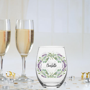 Verre À Vin Sans Pied Écriture de nom de verdure d'eucalyptus lavande