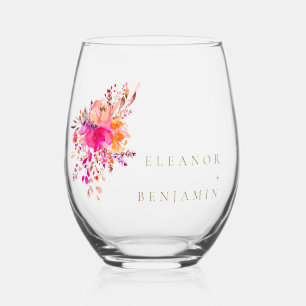 Verre À Vin Sans Pied Elégant Chic Rose Aquarelle Mariage Floral Personn