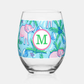 Verre À Vin Sans Pied Élégant Éléphant Rose Palmier Monogrammé  (Recto)