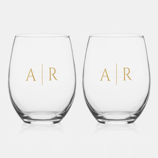 Verre À Vin Sans Pied Elégant Gold Minimal Couple Initiales Mariage Fave (Recto)