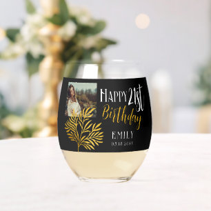 Verre À Vin Sans Pied Elégant Joyeux 21ème anniversaire Gold Foliage Par
