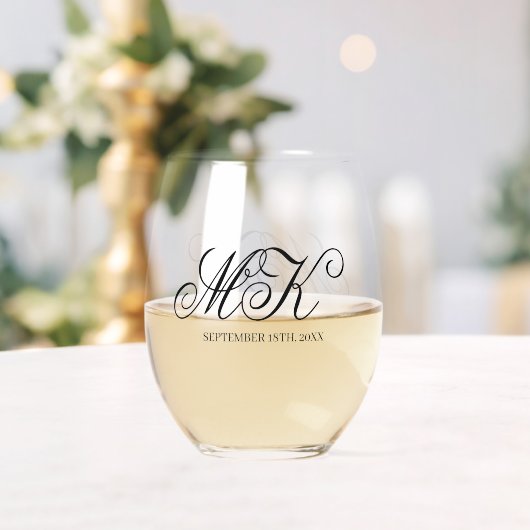 Verre À Vin Sans Pied Élégant Mariage Couples Initiales Script Monogramm (Insitu (Mariage))