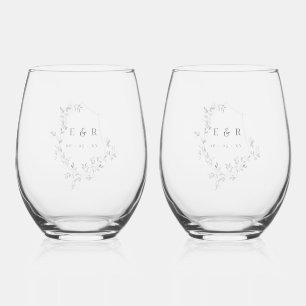 Verre À Vin Sans Pied Élégant Mariage de crête Feuille Monogramme