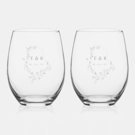 Verre À Vin Sans Pied Élégant Mariage de crête Feuille Monogramme (Recto)