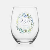 Verre À Vin Sans Pied Élégant Mariage de monogramme Floral bleu (Verso)