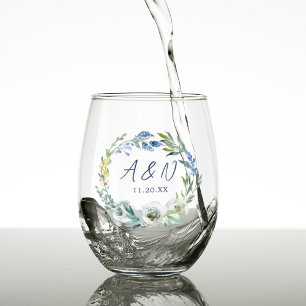 Verre À Vin Sans Pied Élégant Mariage de monogramme Floral bleu