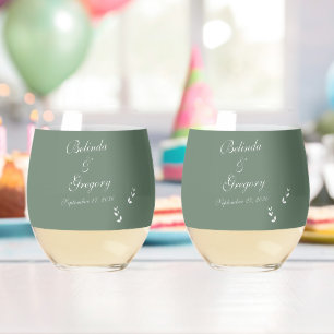 Verre À Vin Sans Pied Élégant Mariage de script en vert d'olive Sage for