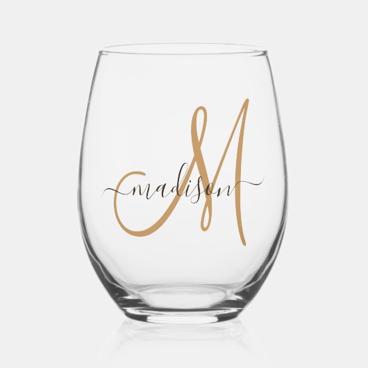 Verre À Vin Sans Pied Élégant Monogram Black Gold Nom de script (Recto)