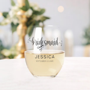 Verre À Vin Sans Pied Élégant Nom de calligraphie Date Bridesmaid Cadeau