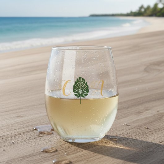 Verre À Vin Sans Pied Elégant Palm Tropical Leaf Monogram Beach Mariage