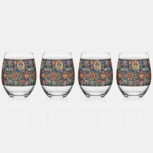 Verre À Vin Sans Pied Elégant Sapphire "Tapisserie pré-colombienne" 16oz