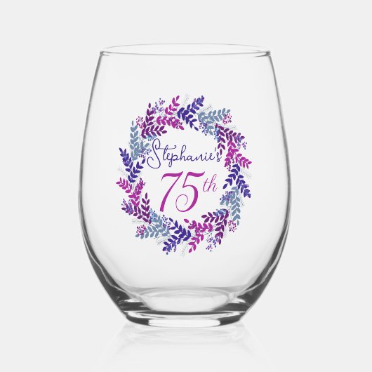 Verre À Vin Sans Pied Élégante couronne rose et violet 75e fête d'annive (Recto)