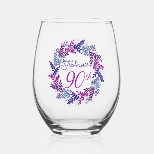 Verre À Vin Sans Pied Elégante couronne rose et violet 90e fête d'annive (Recto)
