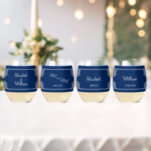 Verre À Vin Sans Pied Elégante dentelle florale sur Mariage bleu marine