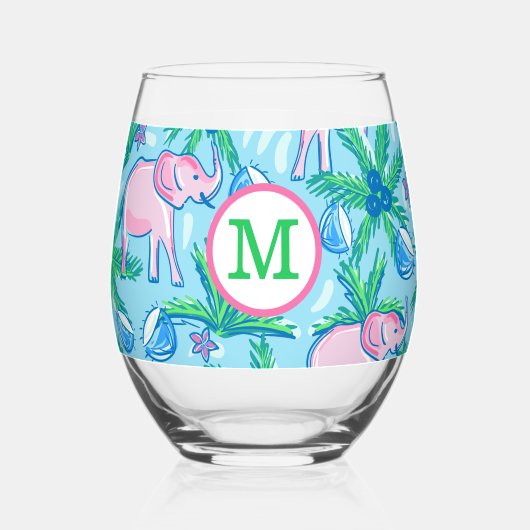 Verre À Vin Sans Pied Éléphant Rose Palmier Monogramme Prépa  (Verso)