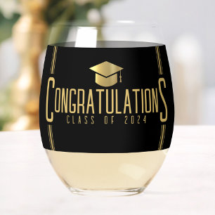Verre À Vin Sans Pied Félicitations Noir & Or Promotion Diplômée