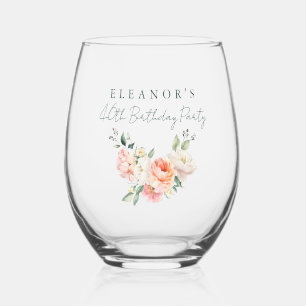 Verre À Vin Sans Pied Fête d'anniversaire rose pivoine aquarelle florale