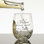 Verre À Vin Sans Pied Fête De Mariage Personnalisée De La Fête De La Fem<br><div class="desc">Maid Of Honor Personnalisé Nom de la fête de mariage Stemless Mariage lunettes présente le nom de Maid Of Honor avec les noms du couple de mariées et la date du mariage accentué d'un petit coeur d'amour. Sur mesure pour vos demoiselles d'honneur. Conçu par ©2024 Evco Studio www.zazzle.com/store/evcostudio</div>