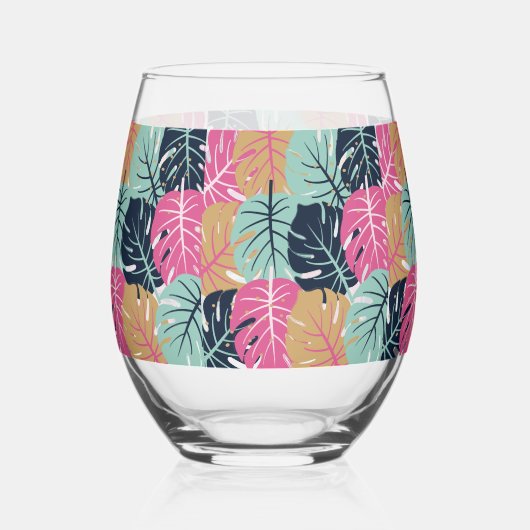 Verre À Vin Sans Pied Feuilles Tropical Palm en rose et bleu | Stable (Recto)
