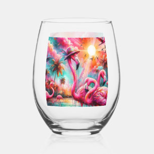 Verre À Vin Sans Pied Flamants roses roses tropicaux Palmiers Eau Solair