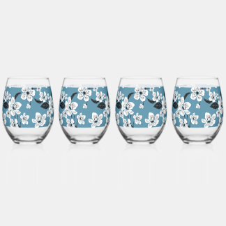 VERRE À VIN SANS PIED FLEUR DE CERISIER - MOTIF SAKURA EN BLEU FUMÉ