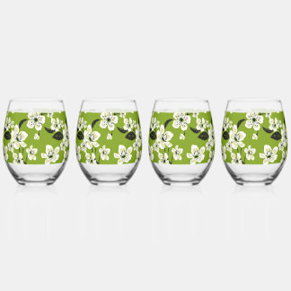 VERRE À VIN SANS PIED FLEUR DE CERISIER - MOTIF SAKURA EN VERT MATCHA