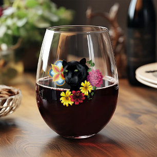 Verre À Vin Sans Pied Fleurs de Portrait Jaguar Noir