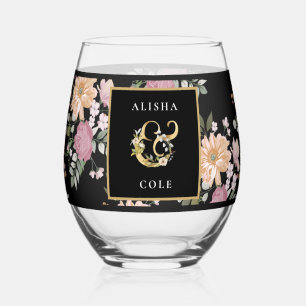 Verre À Vin Sans Pied Fleurs d'été sur Mariage noir