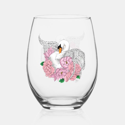 Verre À Vin Sans Pied Fleurs roses cygnes blanches (Verso)