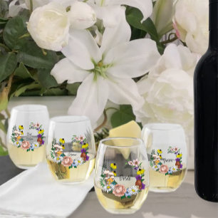 Verre À Vin Sans Pied Fleurs sauvages Champignons bleus