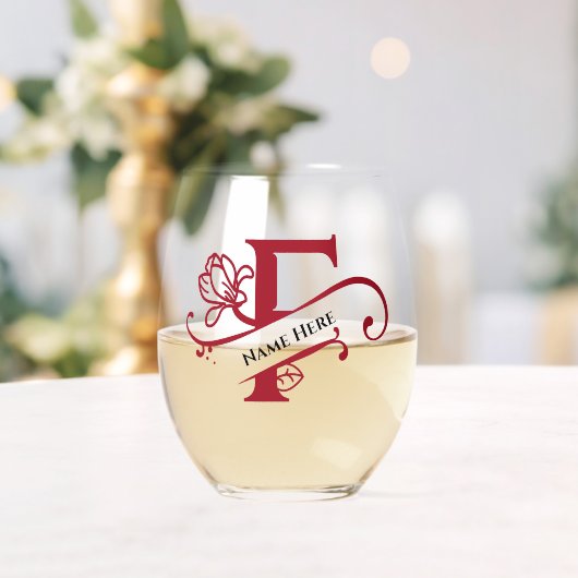 Verre À Vin Sans Pied Floral Monogramme Lettre F Ajouter Nom Changer de (Insitu (Mariage))