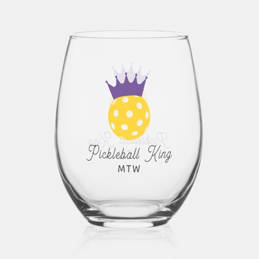 Verre À Vin Sans Pied Funny Pickleball King Monogramme personnalisé (Verso)