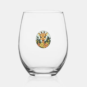 Verre À Vin Sans Pied Giraffe Adorable Entourée De Fleurs _5