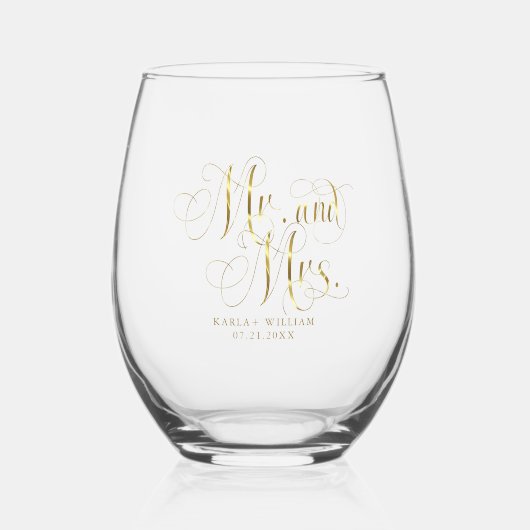 Verre À Vin Sans Pied Gold Mr et Mme Elegant Script Typographie (Recto)