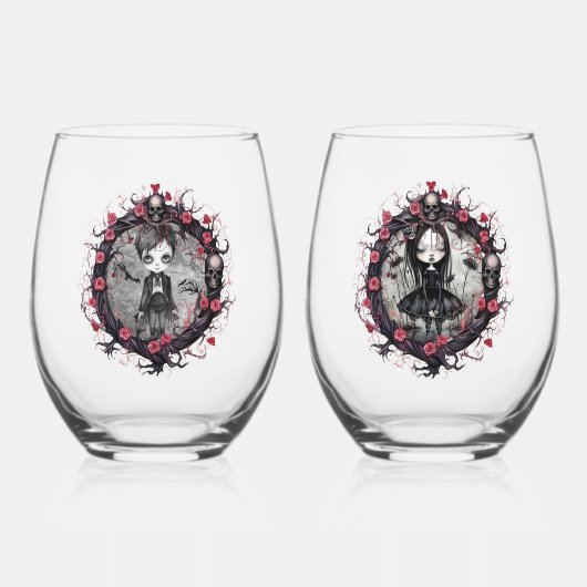 Verre À Vin Sans Pied Gothique Couple Skuls et Rose (Recto)