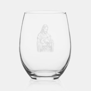 Verre À Vin Sans Pied Gravure Vintage Berger Tenant un Agneau Vecteur De