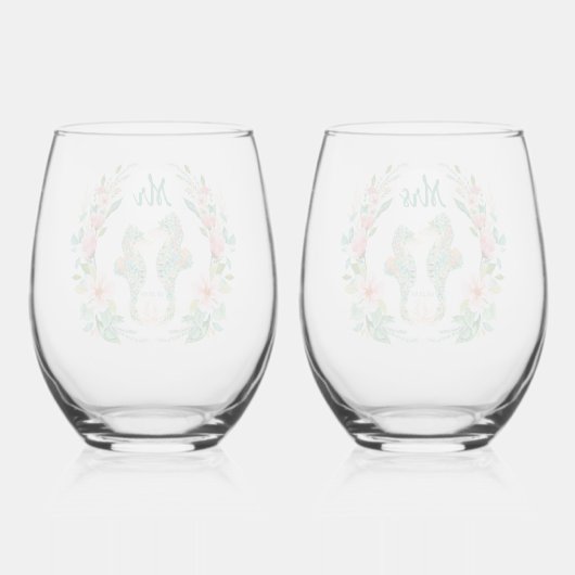Verre À Vin Sans Pied Hippocampe floral tropical M. Mme Mariage (Verso)