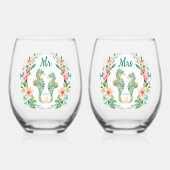 Verre À Vin Sans Pied Hippocampe floral tropical M. Mme Mariage (Recto)