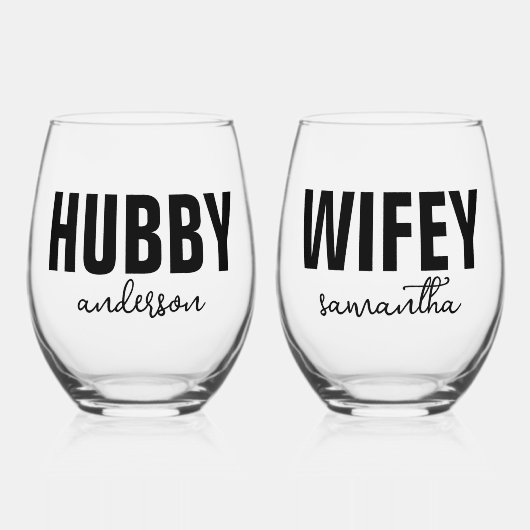 Verre À Vin Sans Pied Hubby et nom Wifey personnalisés (Recto)