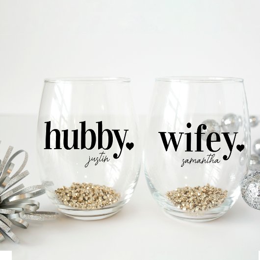 Verre À Vin Sans Pied Hubby & Wifey | Nom personnalisé Nouveaux mariés