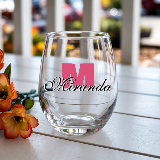 Verre À Vin Sans Pied Initiale de canneberge et nom noir | Moderne