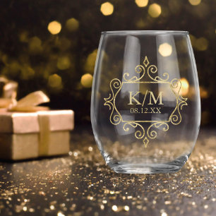 Verre À Vin Sans Pied Initiales du Mariage Gold Filigree fin ID871