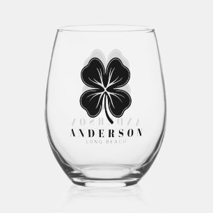 Verre À Vin Sans Pied Irlandais Lucky Four Black Leaf Clover avec Nom Pi