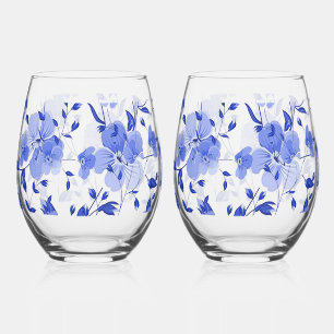 Verre À Vin Sans Pied Jeu de Vins Stemless Blue Floral