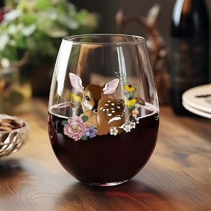 Verre À Vin Sans Pied Jolies Fleurs Sauvages Faon Bleu Bébé Cerf Forêt